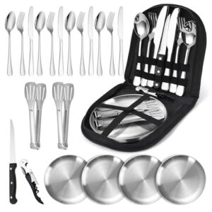 Tragbares Camping Geschirr Set für 4 Personen mit Edelstahlbesteck, inkl. Teller und Bestecktasche, ideal für Outdoor-Aktivitäten