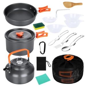 15-teiliges Camping Kochgeschirr Set aus Aluminium für 2-3 Personen, bestehend aus Topf, Pfanne, Teekanne, und weiteren Küchenutensilien, ideal für Outdoor Aktivitäten.