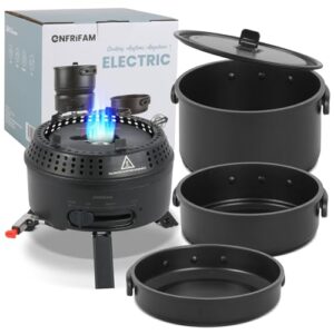 Camping Kochgeschirr Set für 2-4 Personen mit elektrischem und gasbetriebenem Kochen, inklusive 1,8 Liter Kochtopf und zwei Pfannen in modernem Design.