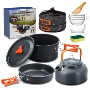 10-teiliges Camping Kochgeschirr Set für 2-4 Personen, inklusive Kochtöpfen, Pfanne und Teekanne, ideal für Outdoor Abenteuer wie Camping, Wandern und Picknick.