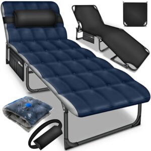 Faltbares Campingbett mit gepolsterter Matratze und Nackenkissen, ideal für Outdoor-Aktivitäten und Gästeunterkünfte, robustes Design mit Seitentasche.