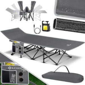 Faltbares Campingbett im modernen Design mit stabiler Struktur und Tragetasche, ideal für Outdoor-Aktivitäten und komfortables Schlafen.