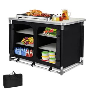 Multifunktionale Campingküche mit Aluminiumgestell und Stauraum für Outdoor-Aktivitäten, ideal für Picknicks und Grillfeste.