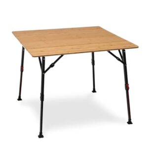 Klappbarer Campingtisch mit quadratischer Bambus-Tischplatte, höhenverstellbar von 43 bis 70 cm, ideal für Camping, Picknicks und Veranstaltungen.