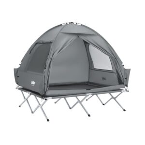 Grau Campingzelt für zwei Personen mit kuppelartiger Form, Lampenhaken und Schuhaufbewahrungstaschen, ideal für Outdoor-Abenteuer.