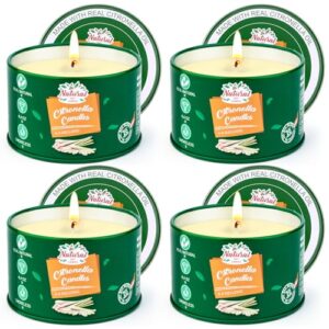 Set aus vier Citronella Kerzen in Dosen, ideal für den Außenbereich, mit natürlichem Zitronenaroma und einer Brenndauer von bis zu 120 Stunden, perfekt für Sommerabende.