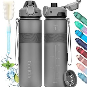 CodiCile Trinkflasche aus Edelstahl, BPA-frei, 1 Liter, dunkelgrau, ideal für Fitness, Schule und Reisen, mit messskalen und innovativem Verschluss