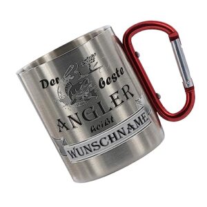 Personalisierte Edelstahltasse mit Karabiner für Angler, glänzende Oberfläche und individueller Druck, ideal für Outdoor-Aktivitäten und als Geschenk.