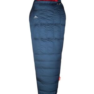 NORDKAMM® Daunenschlafsack für Outdoor und Camping in dunkelblau mit rotem Innenfutter, ideal für Komfort und Wärme bei nächtlichen Abenteuern.