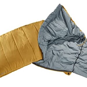 Kunstfaserschlafsack deuter Orbit SQ +6° in caramel-teal, teilweise geöffnet auf dem Boden ausgelegt, mit Kapuze für zusätzlichen Komfort.