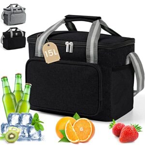 Schwarze Kühltasche mit Reißverschluss und Tragegriffen, ideal für Picknicks, Camping und Ausflüge. Die Tasche hat eine praktische Vorderseite für Snacks und Getränke.