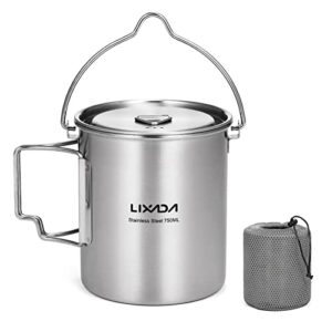 Edelstahl und Titan Camping Tasse mit 750 ml Fassungsvermögen, faltbarem Griff und Deckel, ideal für Outdoor-Aktivitäten wie Camping, Wandern und Picknicken.