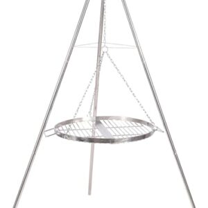 Edelstahl Schwenkgrill mit verstellbarem Grillrost für Outdoor-Aktivitäten, ideal für Camping und BBQ.