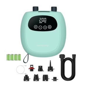 Elektrische SUP Pumpe DWNDPUMP mit 20 PSI max. Druck, digitalem Display und tragbarem Design für schnelles Aufpumpen von Wassersportgeräten.