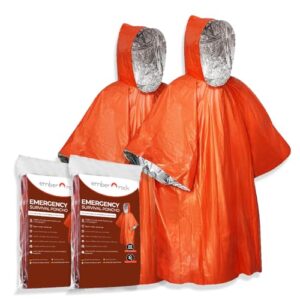 Zwei orangefarbene Notfall Survival Ponchos mit Kapuze, wasserdicht und winddicht, ideal für Outdoor-Aktivitäten und Notfälle.