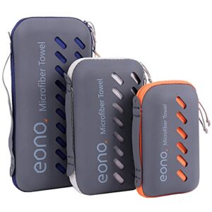 Drei Mikrofaser-Handtücher in verschiedenen Größen, verpackt in grauen Hüllen mit bunten Akzenten, ideal für Reisen und Outdoor-Aktivitäten.