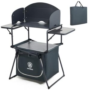 Faltbare Campingküche mit Windschutz und drei Tischplatten, ideal für Outdoor-Aktivitäten und Gartenpartys.