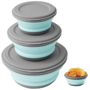 Set von drei faltbaren Silikonschüsseln in verschiedenen Größen, ideal für Camping und Outdoor-Aktivitäten.
