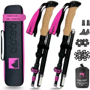 Faltbare Wanderstöcke mit Korkgriff aus 7075 Aluminium für Damen und Herren, ideal für Trekking und Nordic Walking, verstellbar von 100 bis 120 cm, inklusive Tragetasche und Zubehör.