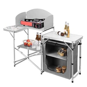 Faltbarer Campingschrank mit Aluminiumgestell und MDF-Platte für Outdoor-Aktivitäten, ausgestattet mit Windschutz und geräumigen Ablageflächen für Küche und Grill.