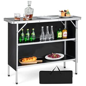Faltbarer Campingschrank aus Aluminium mit zwei Ablagefächern und Tragetasche, ideal für Outdoor-Aktivitäten wie Grillen und Picknicken.