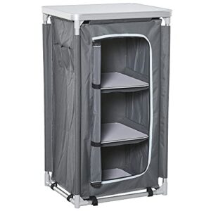 Faltbarer Campingschrank aus 600D Oxford Stoff in Grau mit drei Ablagen und Arbeitsplatte, ideal für Camping und Outdoor Aktivitäten.