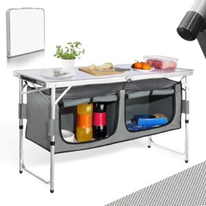 Faltbarer Campingschrank für Outdoor-Aktivitäten, ideal für Camping und Outdoorküche mit Stauraum und Arbeitsplatte.