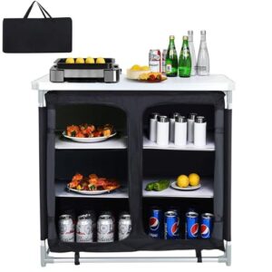 Faltbarer Campingschrank mit Aluminiumgestell und doppeltem Abteil für Outdoor-Küchenaktivitäten, ideal für Picknick, Reisen und Strand. Schwarz, Maße 100×50×80 cm.