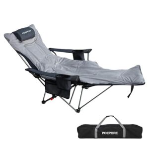 Faltbarer Campingstuhl mit Fußablage in Grau, ideal für Outdoor-Aktivitäten wie Camping und Angeln, mit verstellbarer Rückenlehne und Getränkehalter.