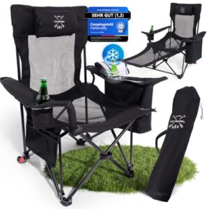 Faltbarer Campingstuhl in Schwarz mit integrierter cooler XXL Kühltasche, ideal für Outdoor-Aktivitäten wie Angeln, Camping und Festivals.