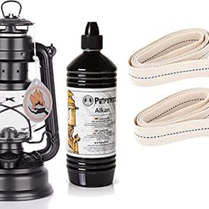 Feuerhand Starter-Set Sturmlaterne Baby Special 276 in mattschwarz mit Flasche Alkan und Ersatz-Dochten, ideal für Camping und Garten