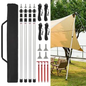 Fiqops Zeltstangen Teleskop aus Aluminium für Camping, verstellbar von 87.5cm bis 234.5cm, mit Befestigungsseilen und Zeltpflöcken.