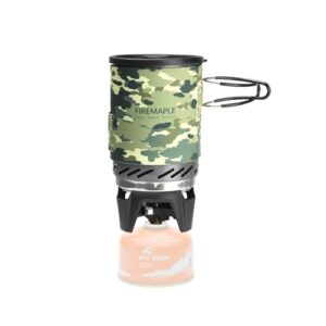Fire-Maple X1 Campingkocher in Tarnfarbe, ideal für Outdoor-Aktivitäten wie Wandern, Trekking und Camping. Der Kocher ist kompakt, leicht und aus robustem Metall gefertigt.