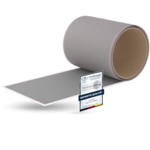Flickly selbstklebende Reparatur Flicken in Silber (RAL9006) auf weißem Hintergrund, ideal für die Anwendung auf Zelt, Markisen, LKW und Poolabdeckungen.