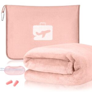 flintronic Reisedecke 2 in 1 in Rosa, faltbare Decke mit Kissenbezug, Ohrstöpsel für Reisen, 155 x 130 cm, weiche und ultraleichte Flugzeugdecke