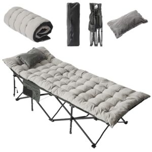 Klappbares Feldbett mit grauer Matratze und Kissen, ideal für Camping und Outdoor-Aktivitäten.