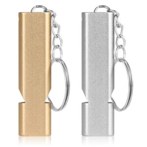 Zwei FOMGIIN Trillerpfeifen in gold und silber mit Schlüsselanhänger, ideal für Outdoor-Aktivitäten und Notfälle