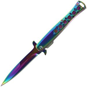 G8DS Einhandmesser mit Rainbow Effekt, spitz geschwungene Klinge in schimmernder Regenbogen-Optik, ergonomischer Griff und sicherer Taschenclip für Outdoor-Aktivitäten.