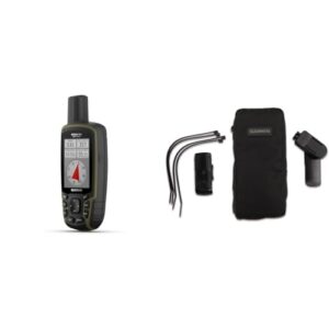 Garmin GPSMAP 65s in Schwarz-Grün mit Zubehörteilen für Outdoor-Navigation und Freizeitaktivitäten. Das Bild zeigt das robuste GPS-Gerät mit diverser Halterung und Schutztasche.