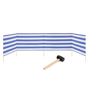 Garronda Strand Windschutz in blau-weißen Streifen mit Gummihammer, ideal für Windschutz und Privatsphäre am Strand, 5 Meter lang mit stabilen Kiefernstöcken zur Befestigung.