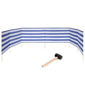Garronda Strand Windschutz in blau-weißen Streifen, 8 Meter lang, zusammen mit einem Gummihammer zur Befestigung im Sand