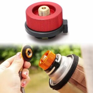Gasflaschenadapter in rot für Ventilkartuschen, ideal für Campingkocher, zeigt obere Ansicht mit Drehregler und untere Ansicht eines Gasanschlusses.