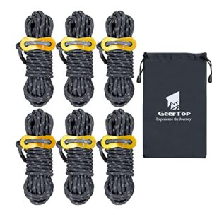 Set von sechs 4m langen reflektierenden Abspannseilen mit Aluminiumspanner, ideal für Zeltcamping und Outdoor-Aktivitäten, in einer praktischen Tragetasche.
