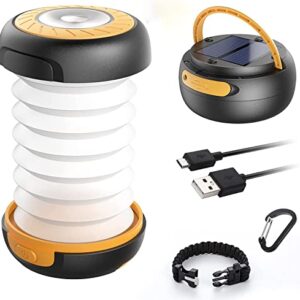 Faltbare GlobaLink LED Campinglampe in Gelb mit USB-Ladefunktion und Solarenergie, ideal für Outdoor-Aktivitäten und als Powerbank.