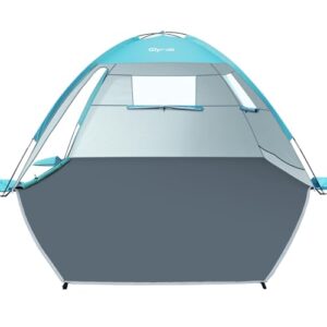 Glymnis Strandmuschel mit UV-Schutz UPF50+, geeignet für 2-3 Personen, aufgestellt am Strand mit modernen Belüftungsfenstern und robustem Design.