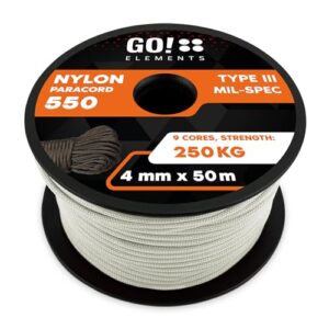 GO!elements 50m Paracord Seil aus reißfester Nylonschnur in Weiß mit 4mm Durchmesser und einer Tragfähigkeit von bis zu 250 kg, ideal für Camping, Handwerk und DIY-Projekte.