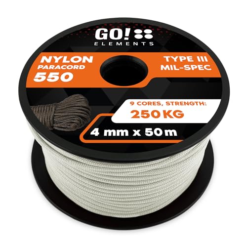 GO!elements 50m Paracord Seil aus reißfester Nylonschnur in Weiß mit 4mm Durchmesser und einer Tragfähigkeit von bis zu 250 kg, ideal für Camping, Handwerk und DIY-Projekte.