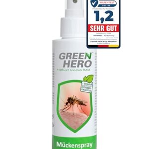Green Hero Mückenspray 100ml in schlanker Flasche mit Eukalyptus-Wirkstoff sorgt für zuverlässigen Schutz vor Stechmücken und Zecken, geeignet für Erwachsene und Kinder ab 6 Monaten.