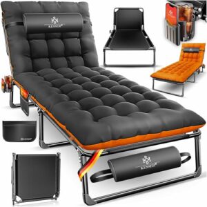 Klappt camping bed with neck pillow, side pocket, and beverage holder in black with orange accents, ideal for outdoor adventures, made from durable Oxford fabric and sturdy steel frame.