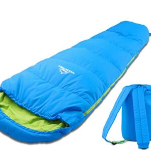 MUMIEN-Kinderschlafsack in lebhaftem Blau mit hellem Innenfutter, ideal für Outdoor-Aktivitäten, Reisen und Camping. Ausgestattet mit praktischem Reißverschluss und Tragetasche.